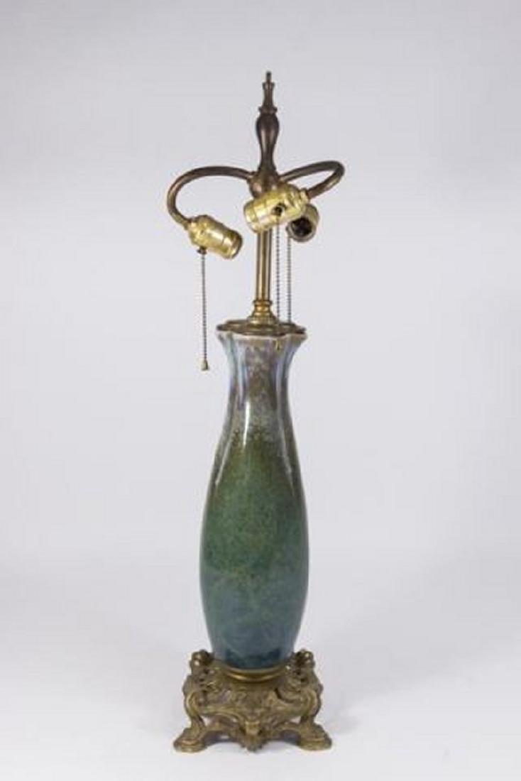 :Art Nouveau Ormolu Mounted Flamed Glazed Lamp: Porcelain. Approx. 19" H. (091389B)