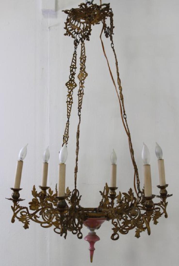 Victorian Gilt Metal & Porcelain Chandelier: 6-light. Approx. 26" H x 24" diameter. (070889A)