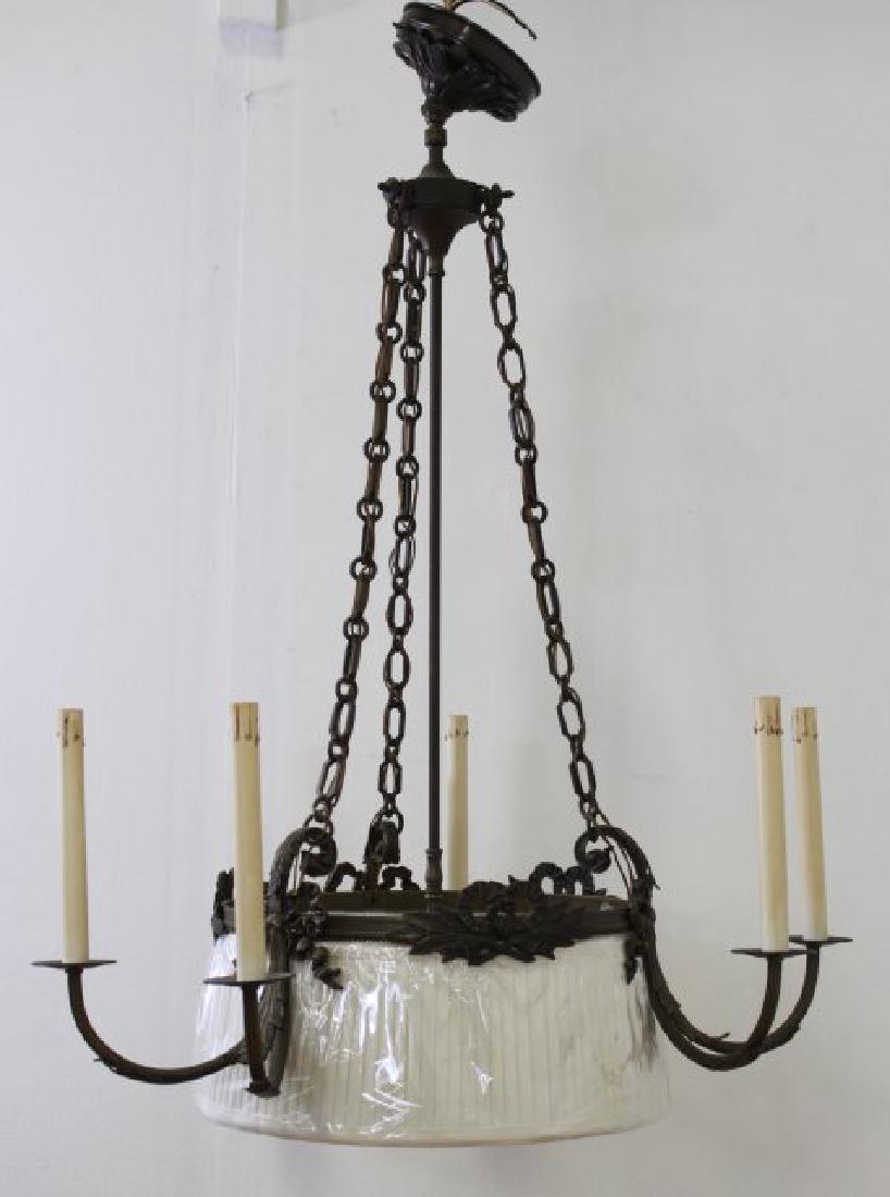 Louis XVI Style Brass 10-Light Chandelier: With silk shade. Approx. 37" H x 28" diameter.