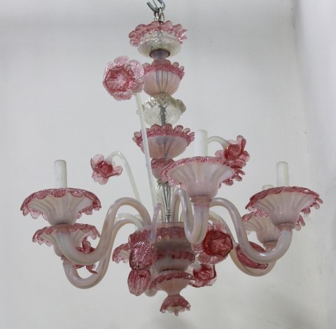 Venetian Pink & Translucent Glass Chandelier: 6-light. Approx. 27" H x 25" diameter. (081899B)