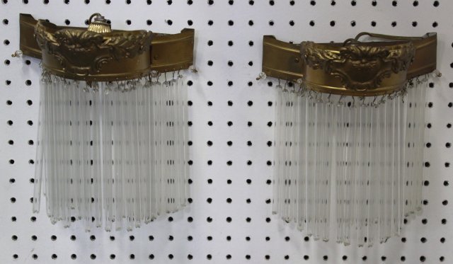 Pair Bronze & Hanging Drop Crystal Sconces: Approx. 9" H x 8 1/2" W.