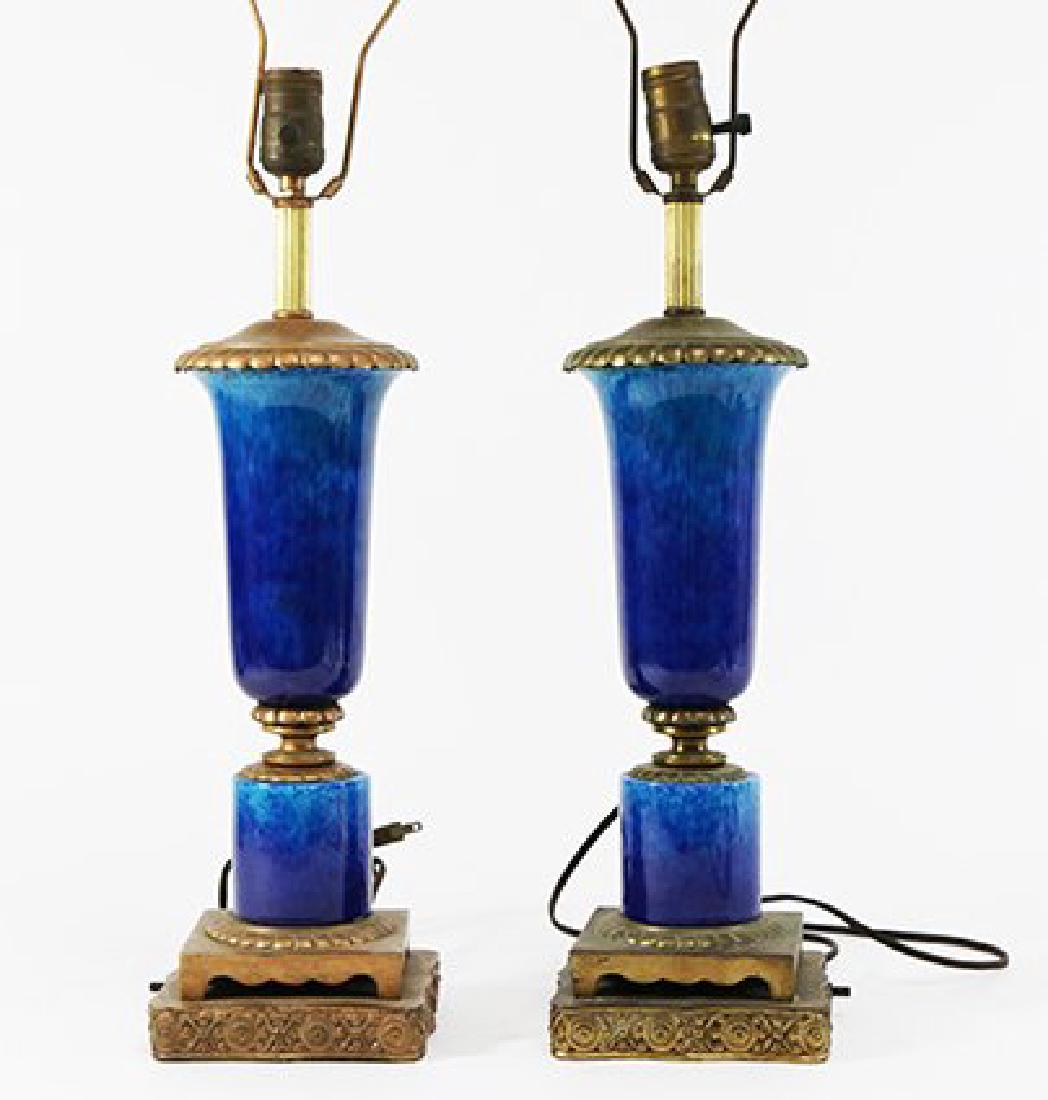 Pair Bronze Mounted Blue Pottery Lamps (1 of 3)