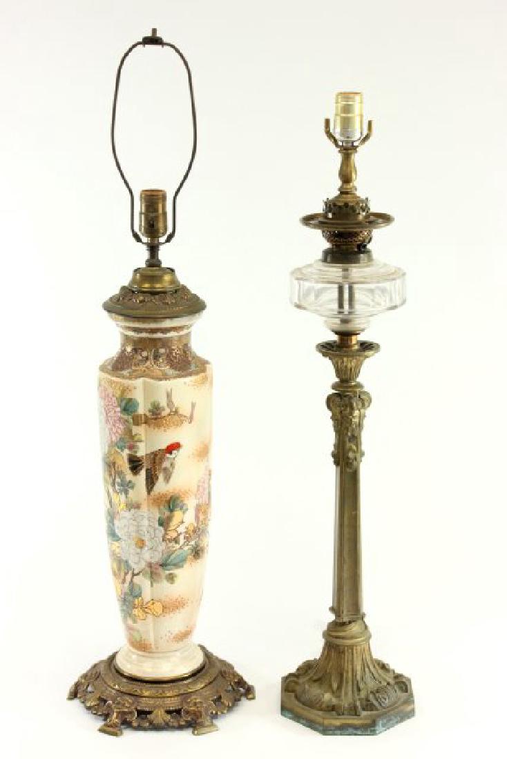 Early Victorian Lamp & Chinese Style Lamp: Early Victorian bronze oil lamp by Hinks & Sons. Approx. 25 3/4". (042892)