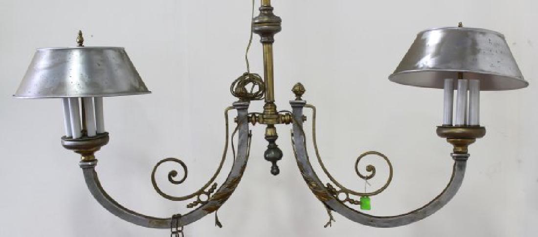 Polished Metal & Brass Billiards Lamp: Neoclassic style. 2-light. Approx. 31 3/4" H x 56" W.