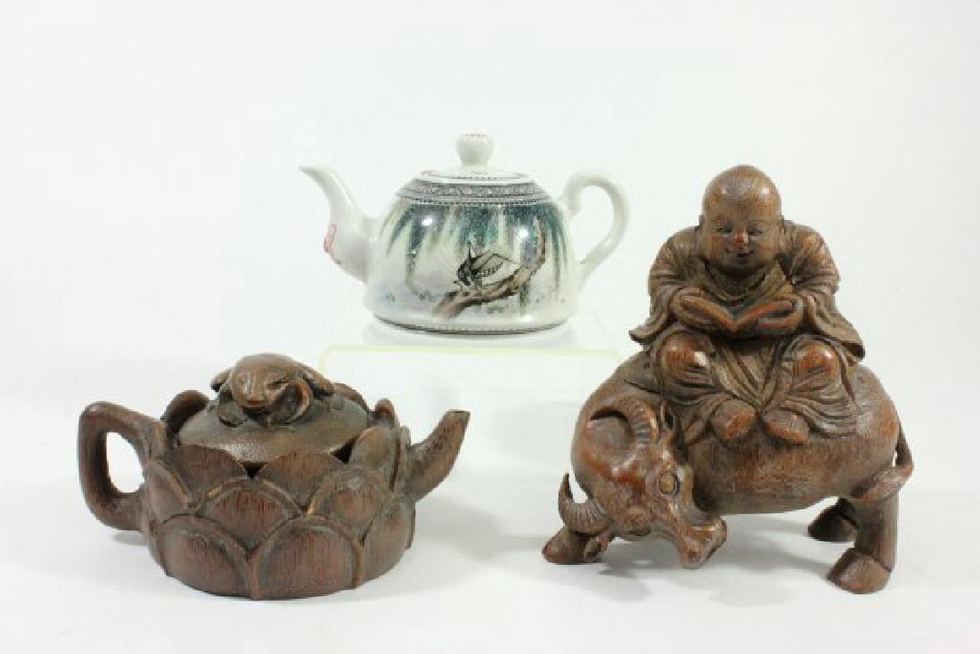Carved Wood Buddha on Ox & 2 Teapots (1 of 8)