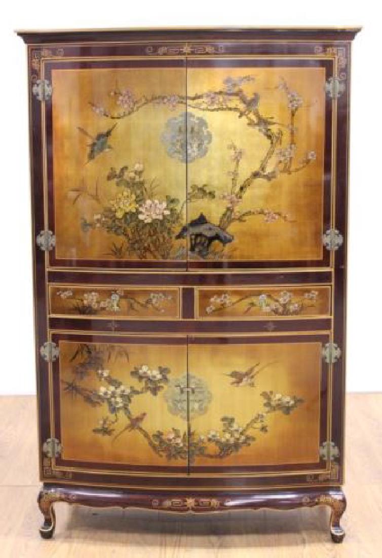 :Chinese Cabinet with Floral Design: Contemporary. Approx. 65" H x 42" W x 23" D.