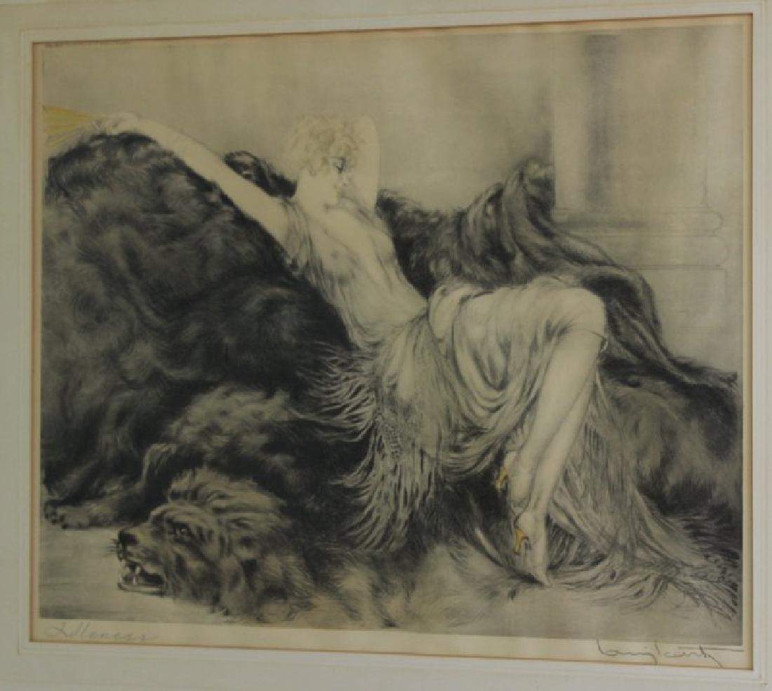 Louis Icart, "Idleness": Signed lower right in plate. Reproduction 1933. Brown & Bigelow. Approx. 13 1/2" x 16" unframed, 20" x 22" framed. From an Interlaken, NJ estate.