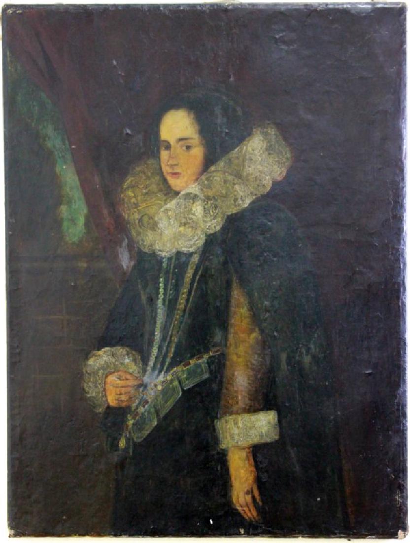 Portrait of Elizabethan Woman: Oil on canvas. Approx. 29 1/2" x 39 1/2". From an Interlaken, NJ estate. Relined. Restorations throughout.