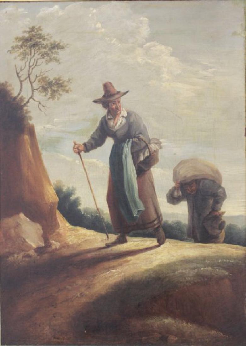 D. Teniers, Walking Up Hills: Oil on canvas. Gilt framed. Plaque inscribed D. Teniers. 19th century. Approx. 25" x 18" image, 35 1/2" x 28 1/2" frame.