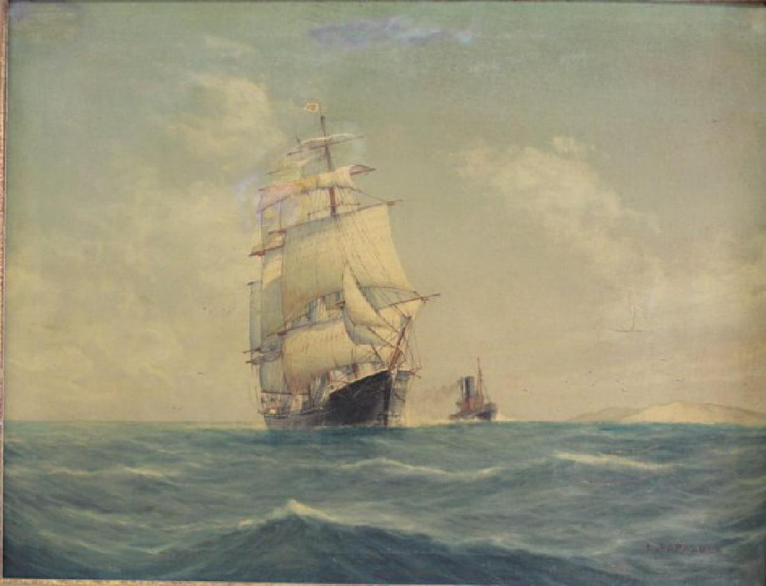 Luca Papaluca, Marine with Sailboat: Oil on canvas. Signed lower right. Approx. 24" x 31" unframed, 30" x 37" framed. Repairs.