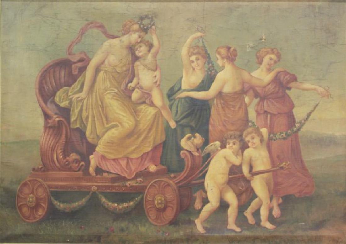 Decorative Panel, Classical Scene of Venus: Approx. 57" x 80". Rips to canvas. Losses to frame.