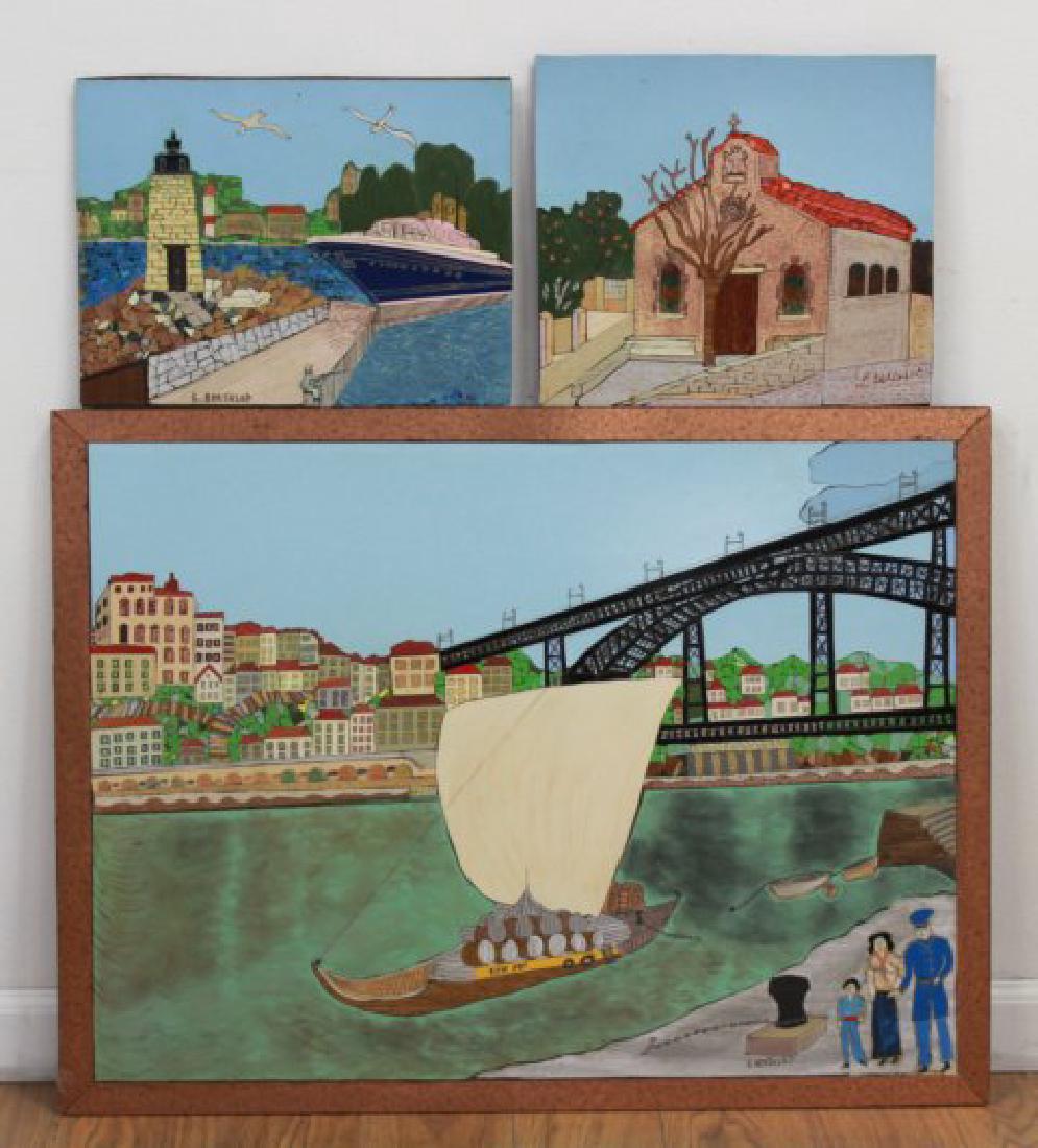 Louis Bertalot, 3 Painted Glass Mosaics: Signed. One large approx. 24" x 31" framed. Two smaller approx. 11 1/2" x 13" and 10 1/2" x 14". (6221)