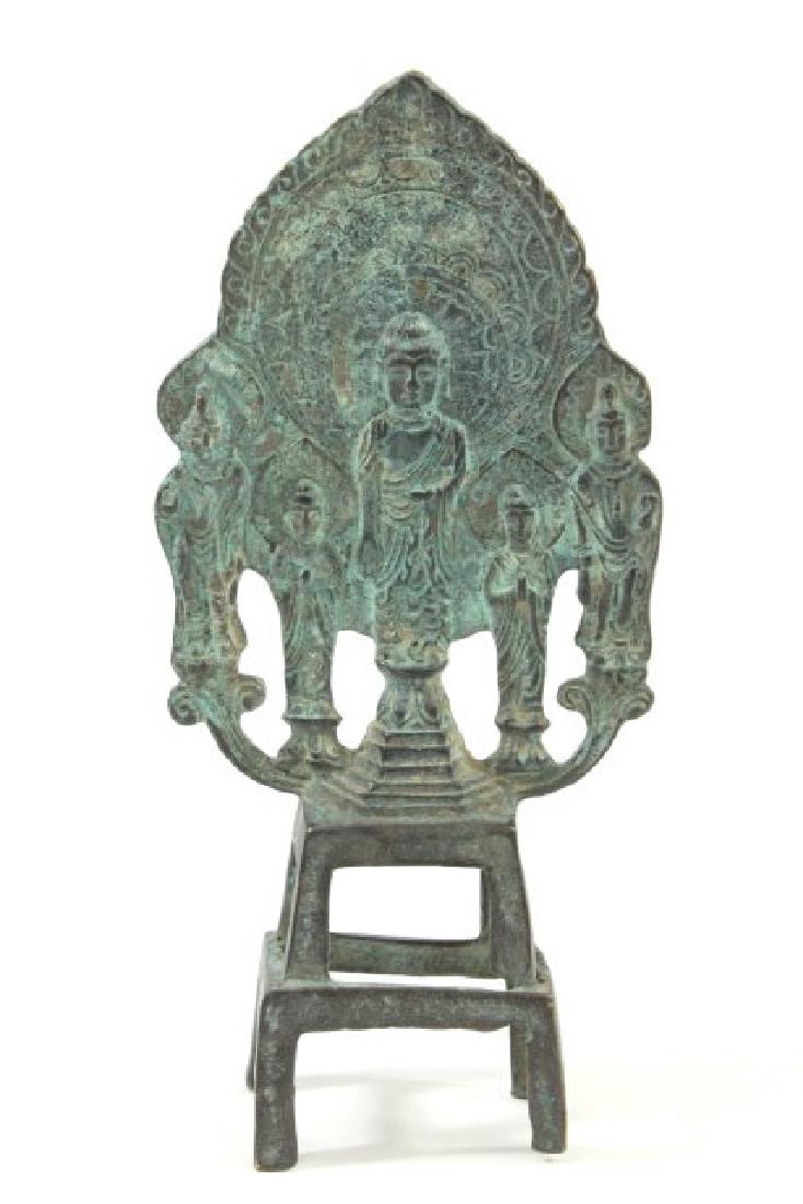 Chinese Bronze Shrine with Verde Finish: Approx. 8 7/8" H x 4" x 8".