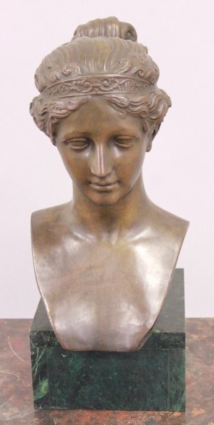 Bronze Bust of a Girl: Approx. 16" H without base, 18 1/2" with base.