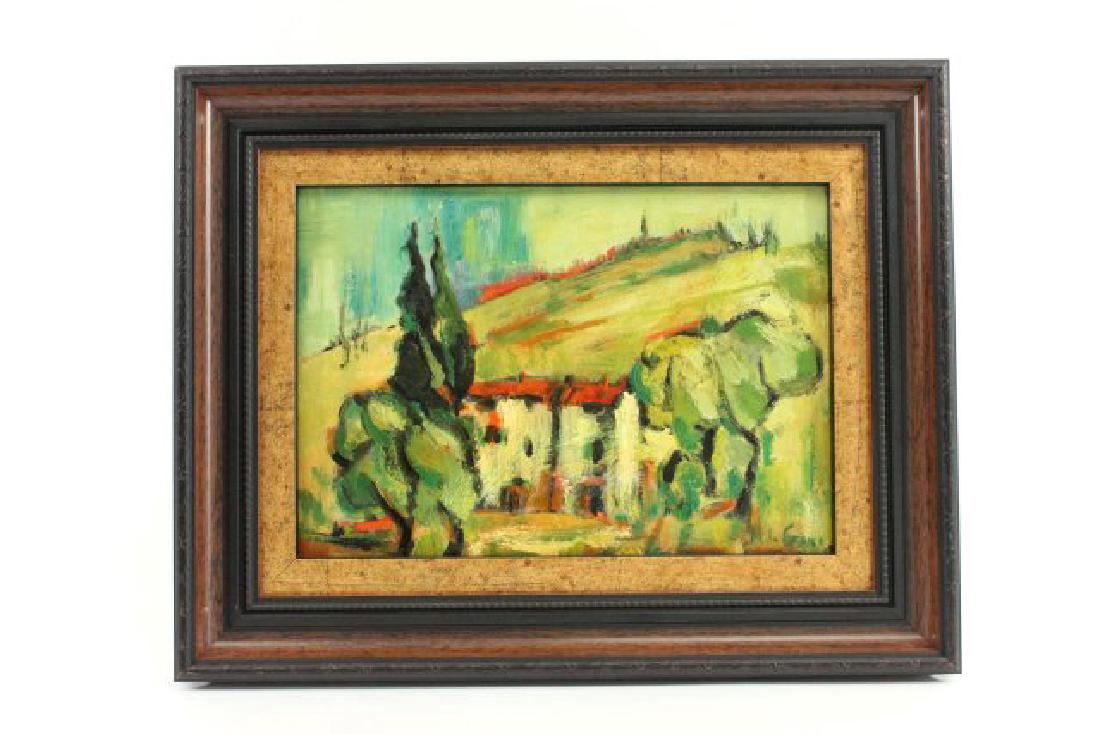 M. DeCosne, "Le Vieux Mas": Oil on panel. Signed lower right. Signed, titled, and dated 1963 rear. Approx. 7" x 10" sight, 11" x 14" framed. (6221)