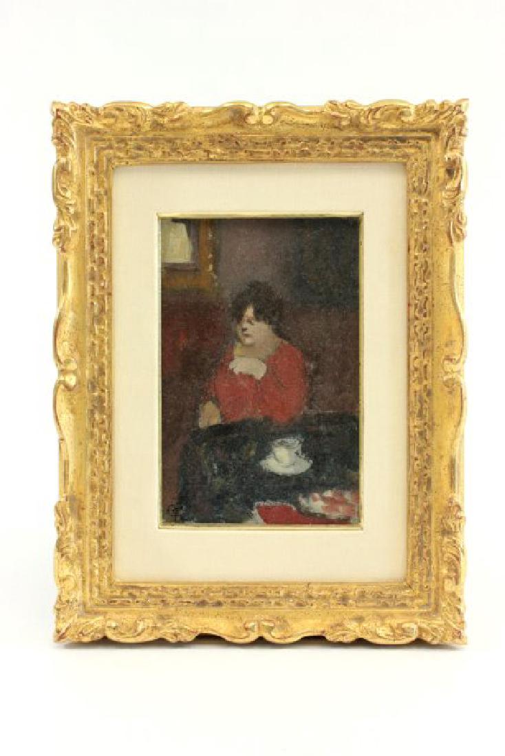 Augustin Grass-Mick, Seated Woman: Oil on board. Initialed/monogram lower left. Augustin Grass-Mick (1873-1963). Approx. 5 3/4" x 4" unframed, 8 1/2" x 6 1/2" framed. (6221)