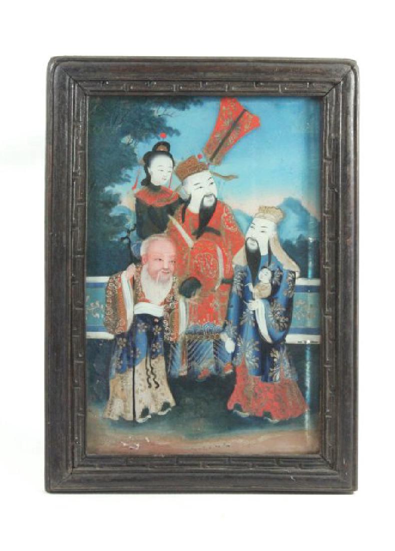 Chinese Reverse Painting of Family Portrait: Approx. 12 1/2" x 8" sight, 15" x 11" framed.