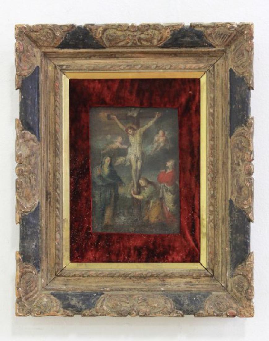 The Crucifixion: Oil on board. 18th century. Mounted in a later frame. Approx. 9" x 7" image, 19" x 16" frame.