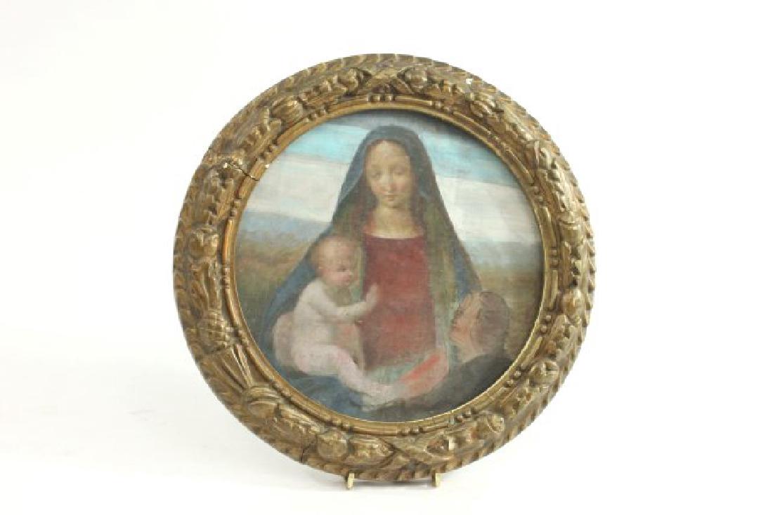 17th-18th Century Painted Fragment, Mother & Child: In round frame. Approx. 8 1/2" image, 11 1/2" frame.