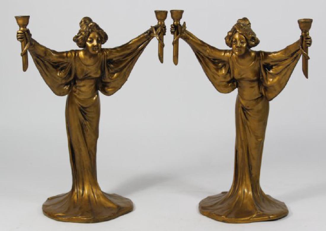 :Pair Gilt Metal Art Nouveau Women Candleholders: Approx. 12" H. Lacking candle nozzles.