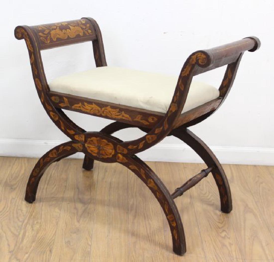 :Dutch Marquetry Bench: Approx. 26 1/4" H x 29 1/2" W x 16 1/2" D. (6183)