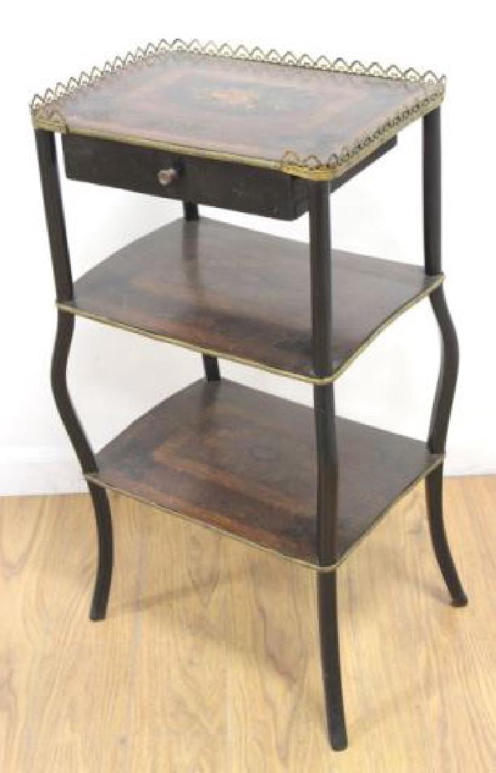 :Napoleon III Marquetry Inlaid Etagere: 19th century. Approx. 30" x 15 1/2" x 12" D. (060296H) Slightly warped loose frame.