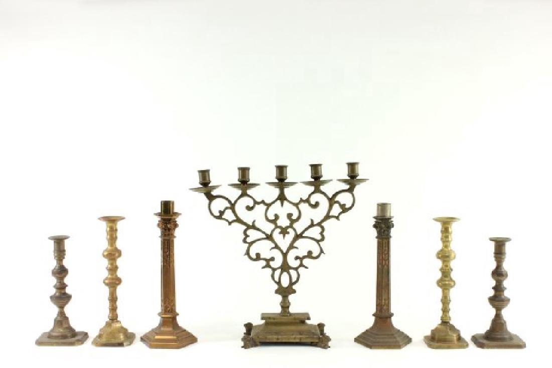 3 Pairs Brass Candlesticks & 1 Candelabrum (1 of 10)