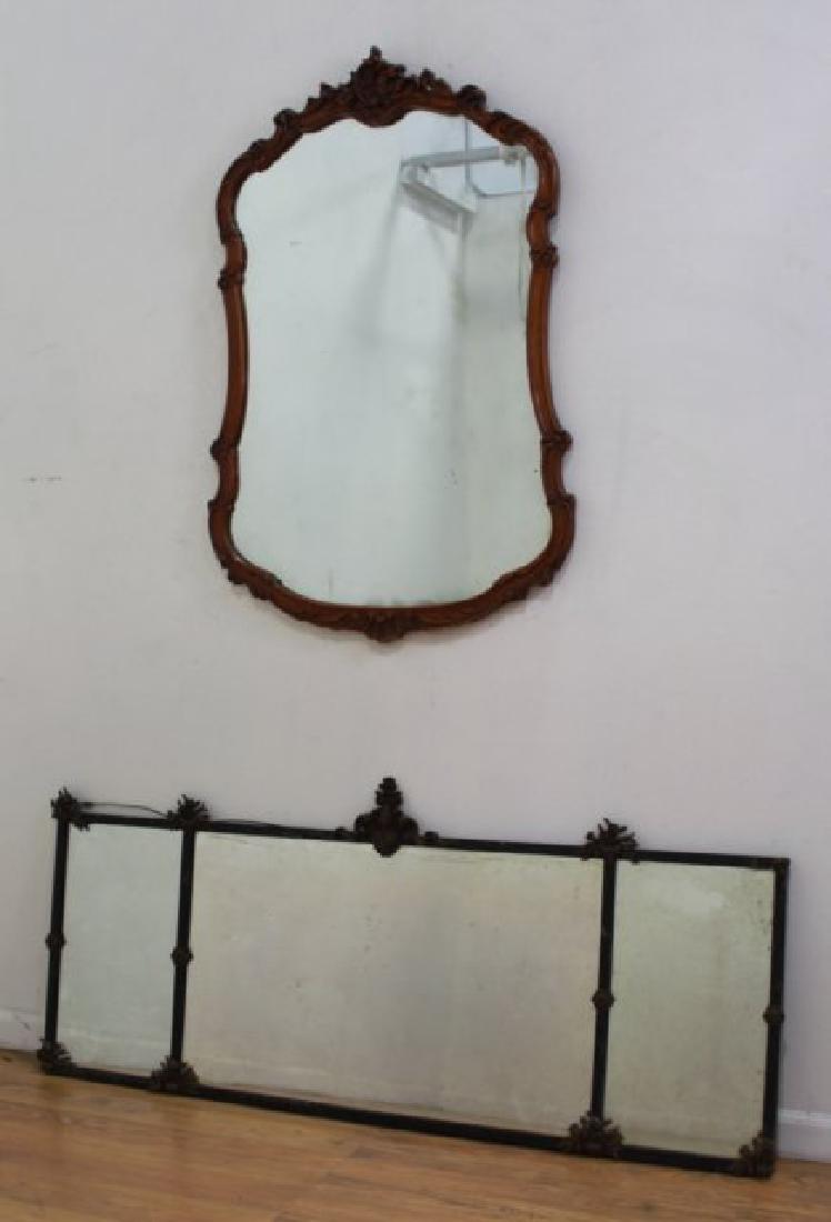 Carved Mahogany Mirror & Floral Metal Mirror: Carved mahogany mirror, circa 1930s, approx. 42" H x 26" W; and floral metal mirror, circa 1920s, approx. 24" H x 57" W. Floral metal mirror as is.