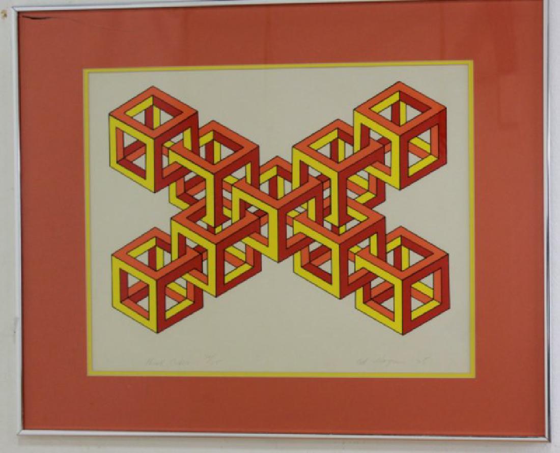 Ed Hogan, "Nine Cubes": Colored lithograph. Pencil signed, dated 1975, and numbered 70/75. Approx. 17" x 21" sight, 24" x 30" framed.