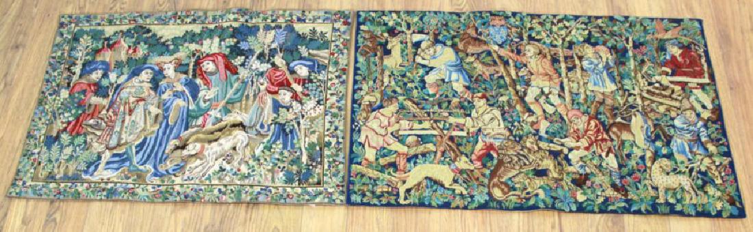 2 French Tapestries After the Antique: "Tapiesseries du Lion." Label titled "Les Bucherons," approx. 27" x 43"; and "Les Sangliers," approx. 27" x 41". (6221)