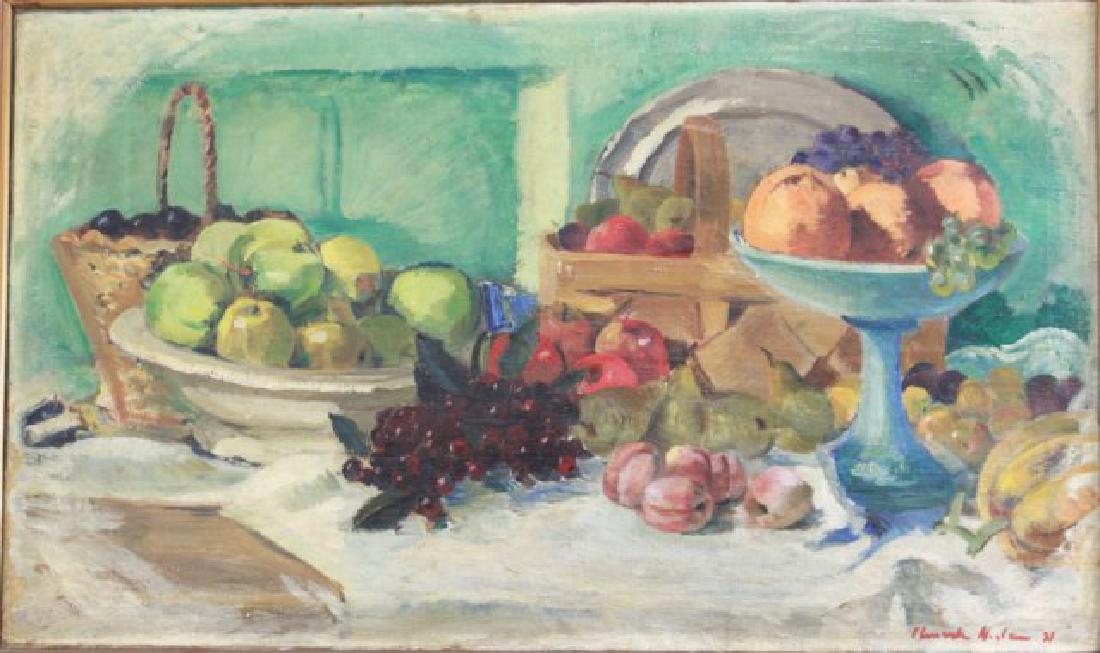 Still Life: Oil on canvas. Signed illegibly Hannah N... Dated 1931. Approx. 19" x 31 1/2" unframed, 21" x 33 1/2" framed. (6232)