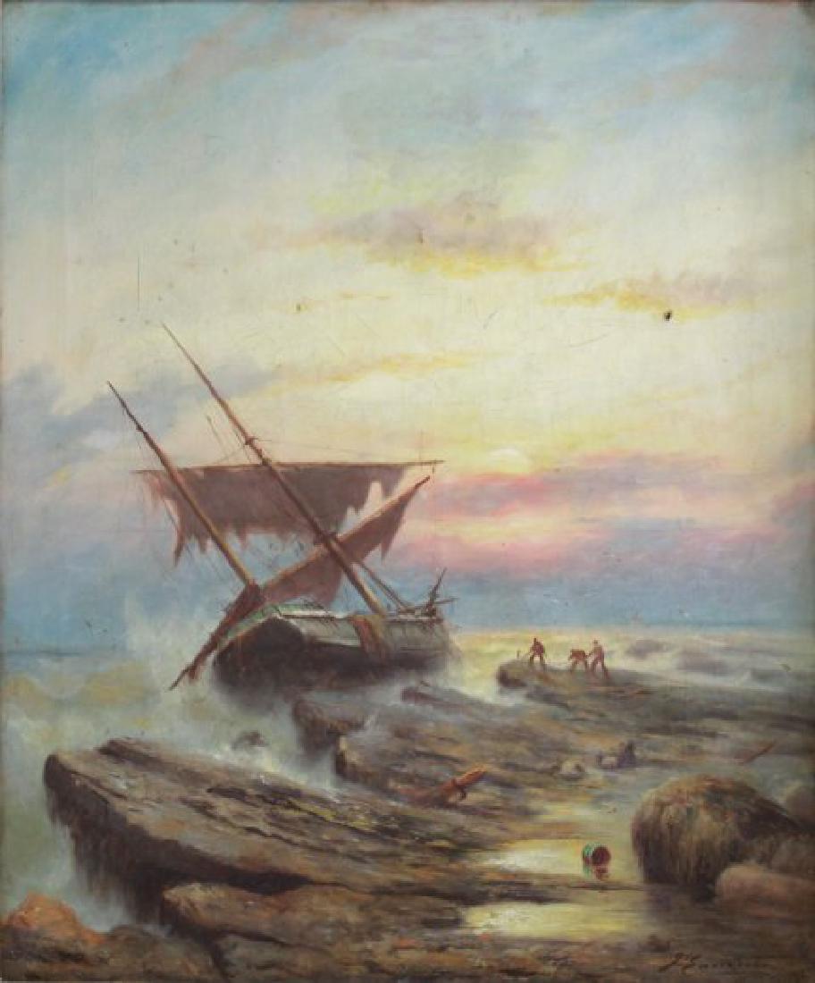 Marine Shipwreck: Oil on canvas. Signed illegibly lower right. Approx. 24" x 20" unframed, 28 1/2" x 24 1/2" framed. (6232) Repairs and damages.