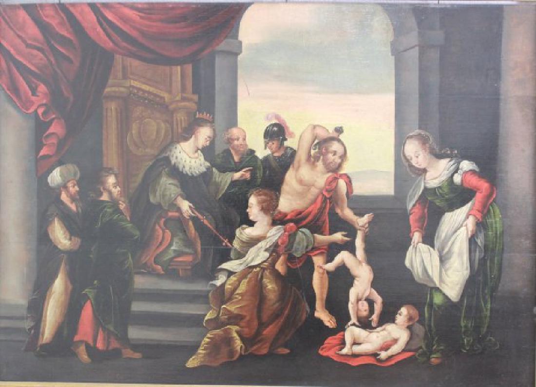 Old Master Style, The Judgement of Solomon: Oil on cradled wood panel. 20th century. Approx. 23" x 32" unframed, 27" x 36" framed. (6232)