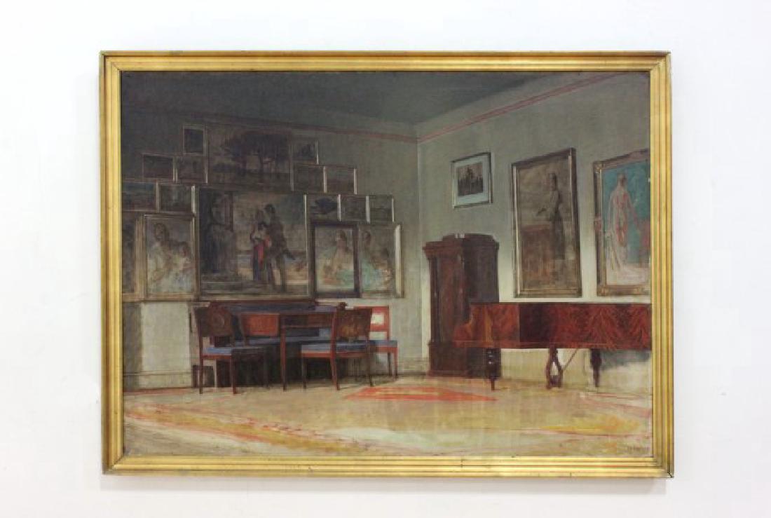 Hildebrandt Bredgade, Danish Interior Scene: Oil on canvas. Signed on stretched Hildegard Bredgade. Dated 1924. Approx. 37 1/2" x 51 1/2" unframed, 40" x 56" framed. (6232)