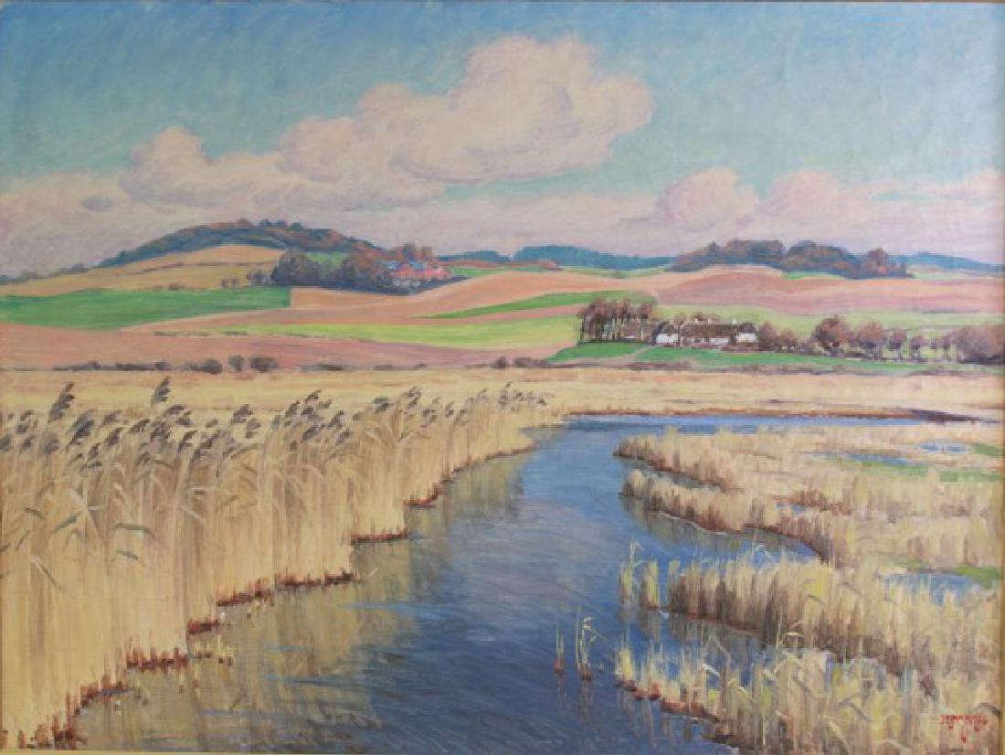 Rural Landscape: Oil on canvas. Initialed M.M. 35-46. Approx. 35 1/2" x 47 1/2" unframed, 40" x 52" framed. (6232)