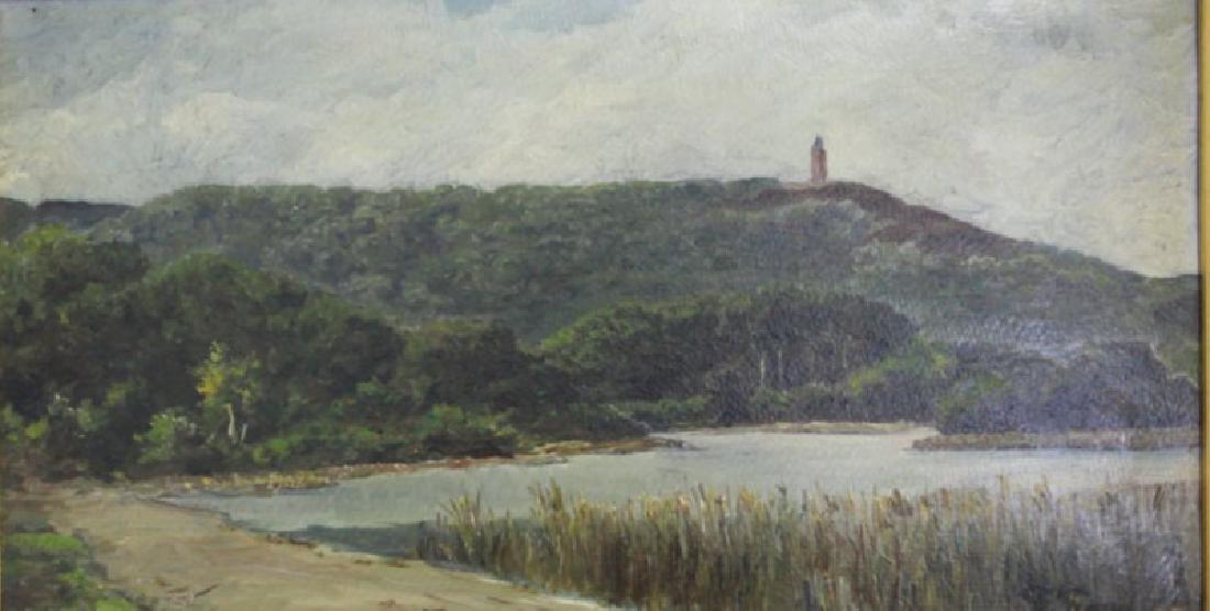Danish Rural Landscape: Oil on board. Signed illegibly lower right. Approx. 8 3/4" x 16" unframed, 12" x 20" framed. (6232)
