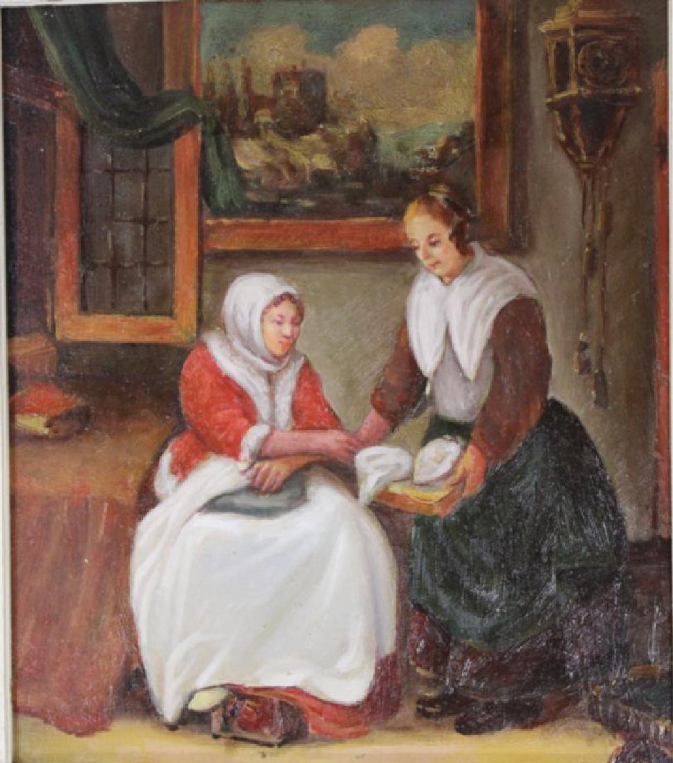 Interior Scene with Two Ladies: Oil on panel. 20th century. Approx. 11 1/2" x 10" unframed, 14" x 12 1/4" framed. (6232)