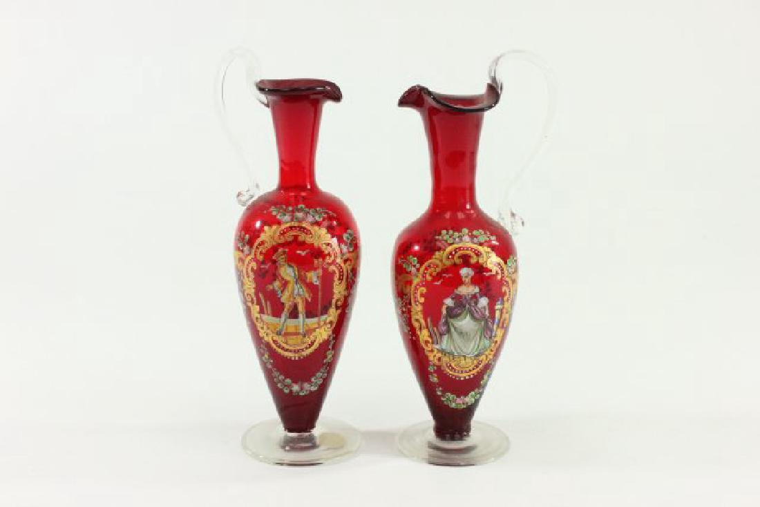 Pair Red Venetian Glass Ewers: With enamel painted portraits. Approx. 8 1/4" H.