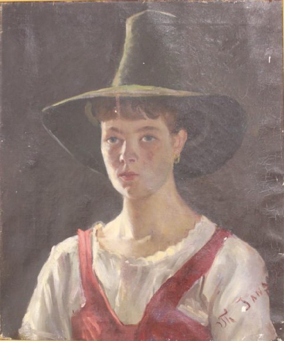 Th. Jansson, Portrait of Young Woman: Oil on canvas. Signed lower right. Approx. 22" x 18" without frame, 26" x 22" with frame. (6232) Losses and repairs.