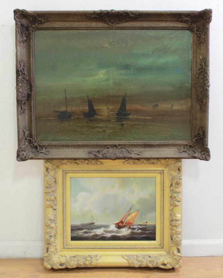2 Seascapes: One oil on canvas, signed illegibly lower right, approx. 20" x 27" unframed, 26" x 33" framed; and one oil on board, 20th century, approx. 12" x 15" unframed, 21" x 24" framed. (6232)