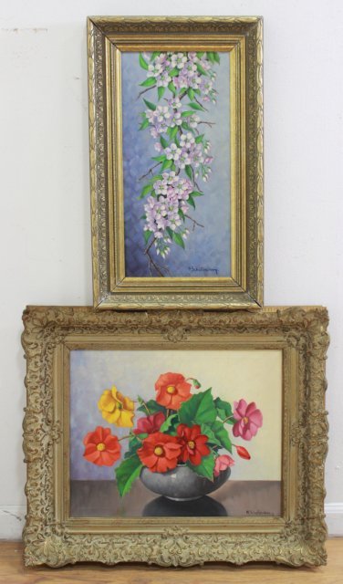 Huigert Schallenberg, 2 Floral Still Lifes: Oil on canvas, approx. 19 3/4" x 15 3/4" sight, 27" x 23" framed; and apple blossoms, approx. 20" x 9 3/4" sight, 24 3/4" x 15" framed. Both signed. Huigert Schallenberg (1883-1981). (6232)