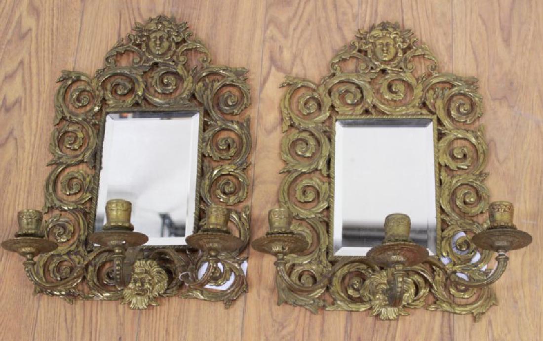 Pair Victorian Cast Brass 3-Light Mirrored Sconces (1 of 4)