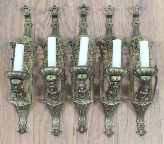 Set 5 Art Deco Brass Single-Arm Sconces (1 of 2)