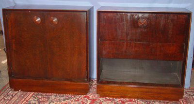 TWO MAHOGANY CABINETS BY GILBERT ROHDE: FURNITURE. TWO MAHOGANY CABINETS BY GILBERT ROHDE APPROX. 39" X 40" (SOME MINOR VENEER DAMAGE ON SIDES)