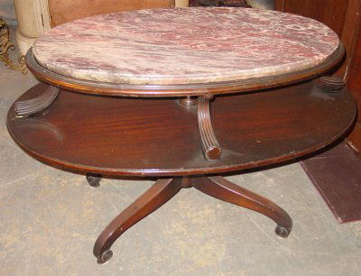 MARBLE TOP OVAL PARLOUR TABLE: FURNITURE. MARBLE TOP OVAL PARLOUR TABLE CA. 1940'S APPROX. 40" W X 26" D X 27" H