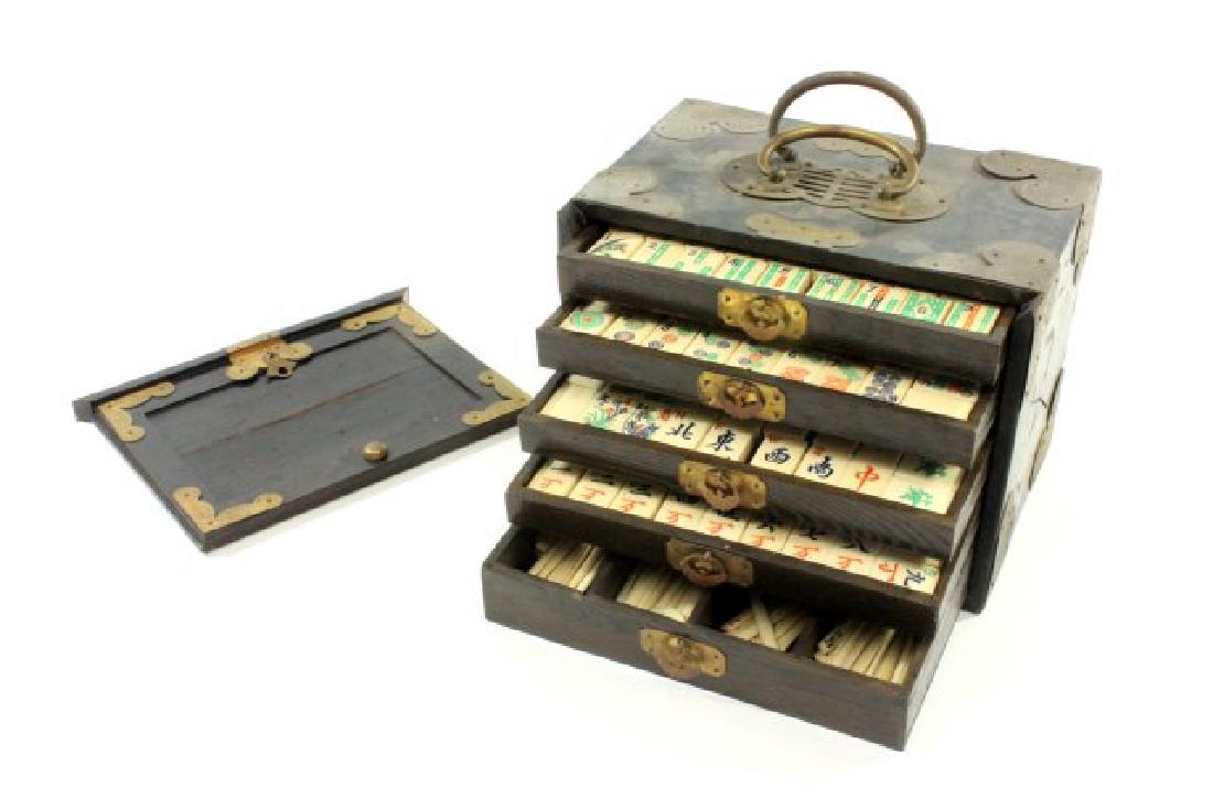 Mahjong Set in Wooden Brass Mounted Case: Mahjong Set in Wooden Brass Mounted Case