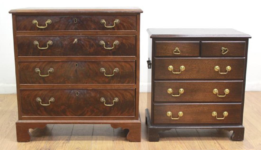2 English Mahogany Chests: Bracket foot. 4-drawer. Approx. 23" x 21" x 14" D and 28 1/2" x 26 3/4" x 14 1/2" D.