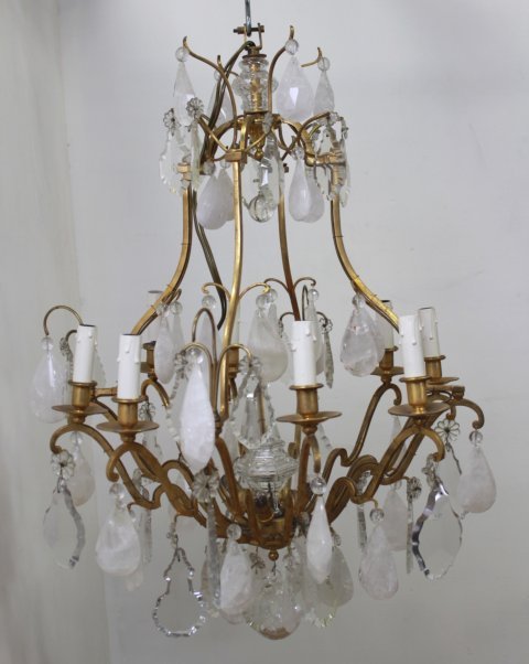 French Brass & Rock Crystal 8-Light Chandelier: Approx. 36" H x 24" W.