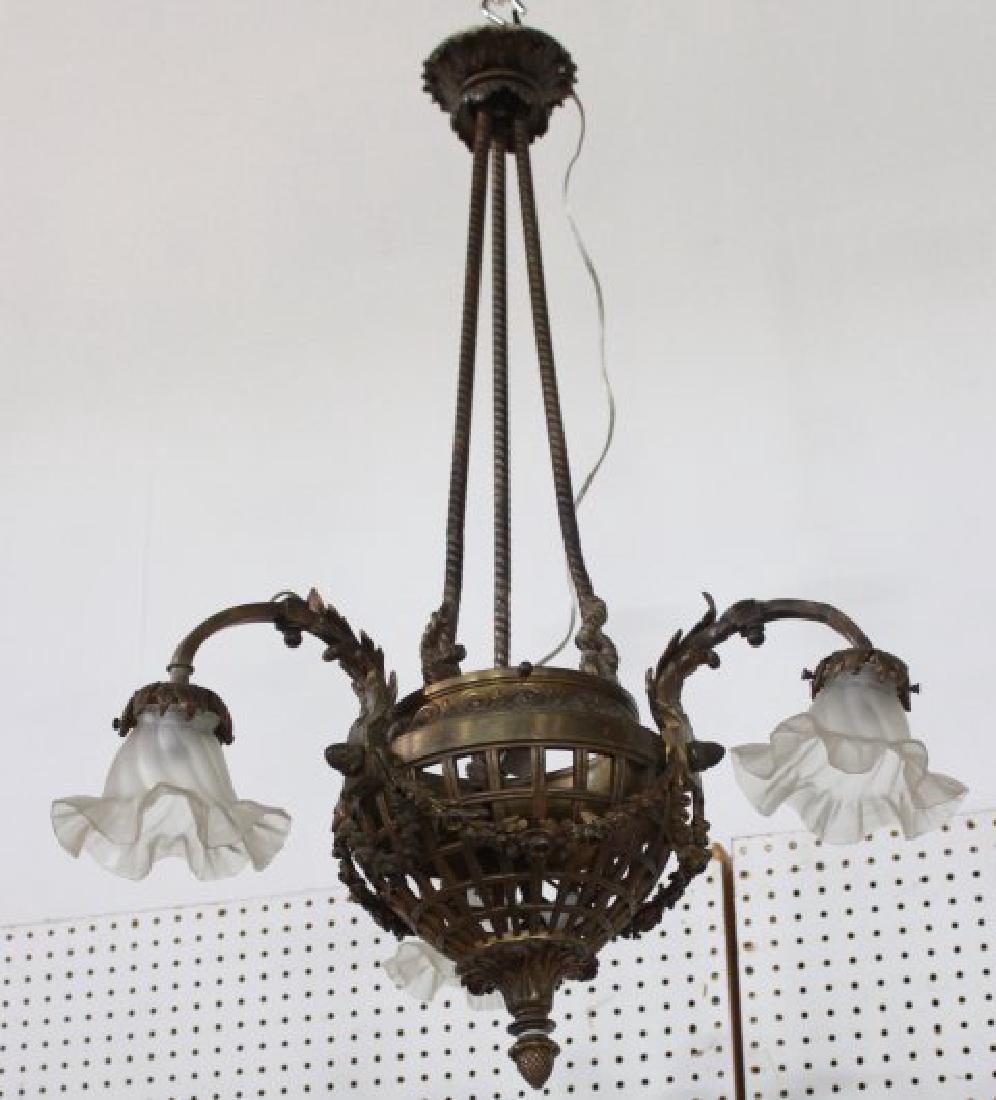Bronze 3-Armed Louis XV Style Chandelier: With shade. Approx. 36" H x 20" W.