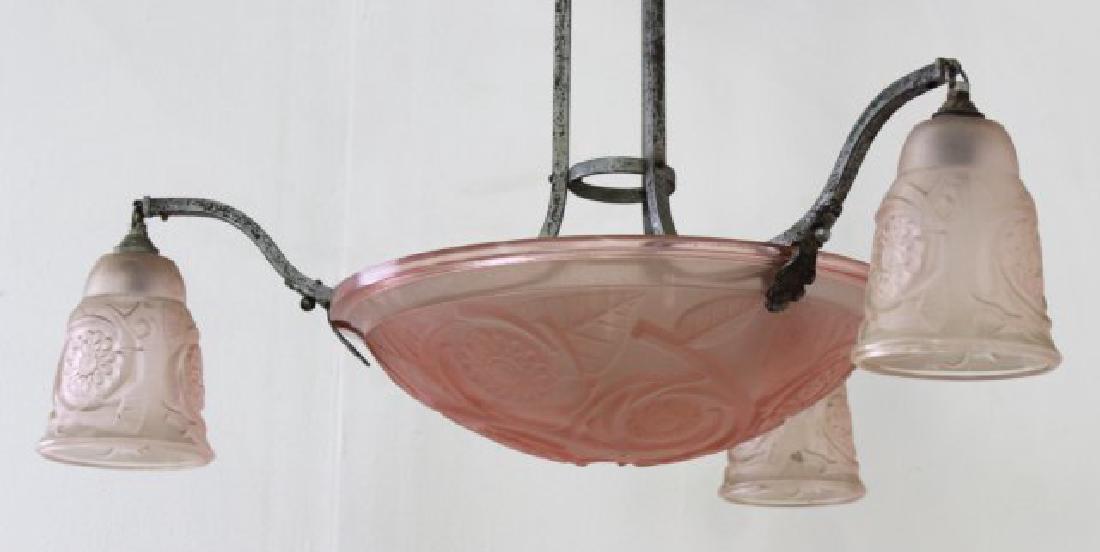 Art Deco Etched Pink Glass & Chrome Chandelier: 4-light. Approx. 28 1/2" H x 26" diameter. Chrome pitted.